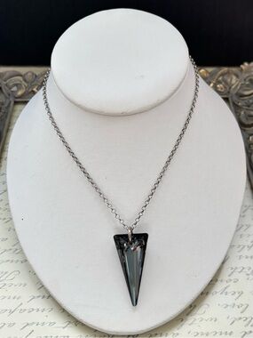 Sterling Silver Necklace with Large Gunmetal Crystal Pendant 24”